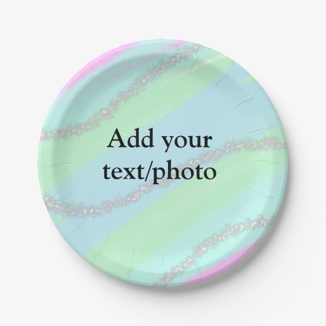 Blue pink green glitter sparkle pastel add name p paper plate (Front)