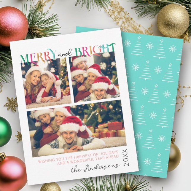 Blue Pink Green Merry and Bright Snowflake 3 Photo Holiday Card (Creator Uploaded)
