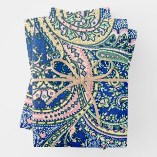 Blue, Pink, Green Paisley Flowers, Leaves  Wrapping Paper Sheet