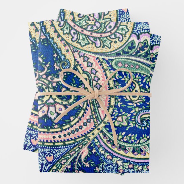 Blue, Pink, Green Paisley Flowers, Leaves  Wrapping Paper Sheet (In situ)