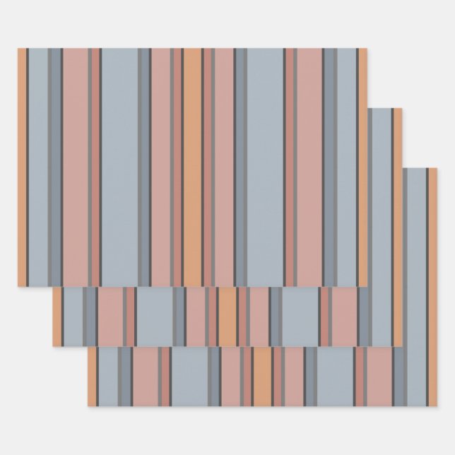 Blue Pink Grey Colour Block Vertical Stripes  Wrapping Paper Sheet (Set)