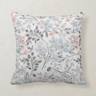 Blue Pink Grey Floral Botanical Flowers Leaves Cushion