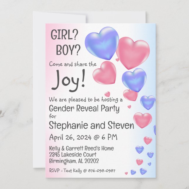 Blue & Pink Heart Balloons Gender Reveal  Invitation (Front)