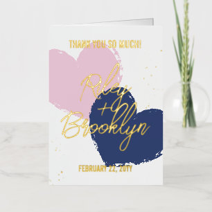 Blue Pink Hearts Gold Names Thank You Foil Greeting Card