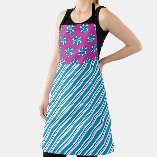 BLUE & PINK HOLIDAY PEPPERMINT CANDY & STRIPES APRON (Insitu)