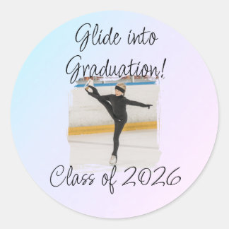 Blue & Pink Ice Skating Glide to Graduation Party Classic Round Sticker