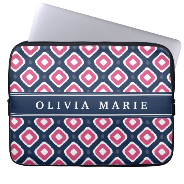 Blue Pink Ikat Mod Pattern with Name Laptop Sleeve (Front)