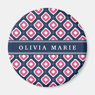 Blue Pink Ikat Mod Pattern with Name Magnet