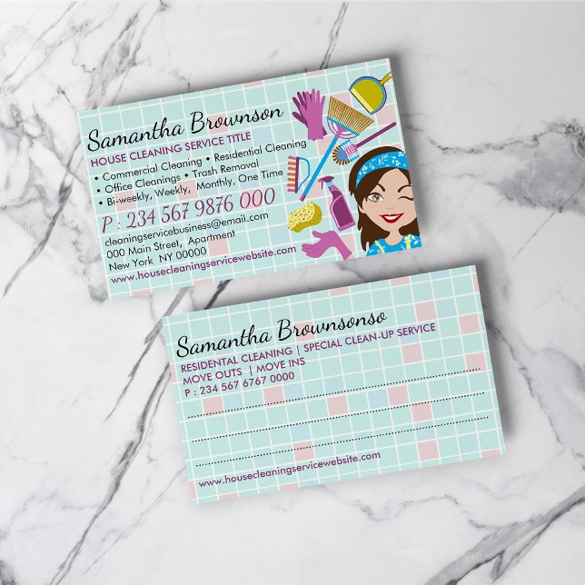 Blue Pink Janitorial Lady Cleaning Appointment Business Card (Blue Pink Janitorial Lady Cleaning Appointment Business Card)