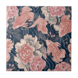 Blue Pink Koi Chinoiserie Floral Pattern Ceramic Tile