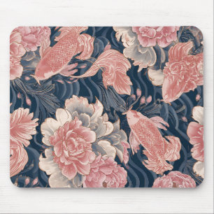 Blue Pink Koi Chinoiserie Floral Pattern Mouse Pad