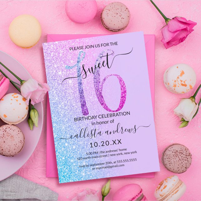 Blue Pink Lavender Silver Glitter Ombre Sweet 16 Invitation (Creator Uploaded)