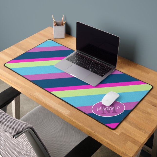 Blue pink lime retro geometric lines Monogram Desk Mat (Office 2)