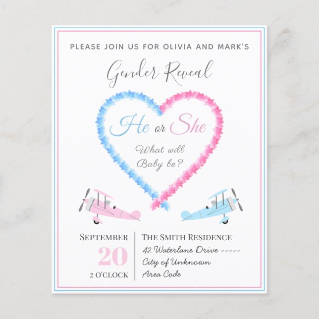 Blue Pink Love Heart Smoke Airplane Gender Reveal (Front)