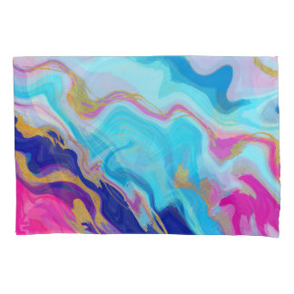 Blue-Pink Marble: Gold Glitter Texture. Pillowcase