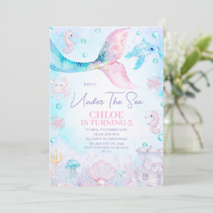Blue Pink Mermaid Tail Under the Sea Birthday  Invitation
