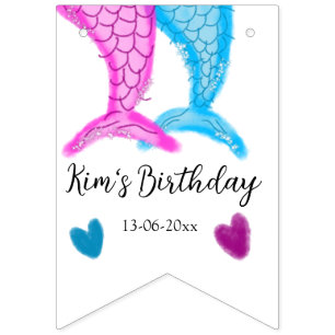 blue pink mermaid watercolor add name birthday bunting