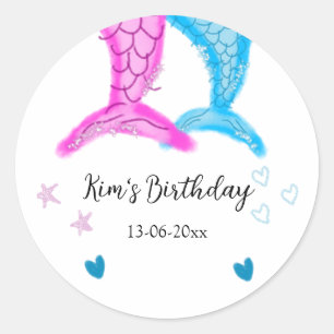 blue pink mermaid watercolor add name birthday classic round sticker