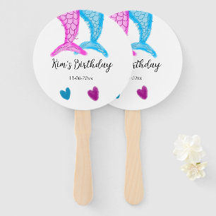 blue pink mermaid watercolor add name birthday hand fan