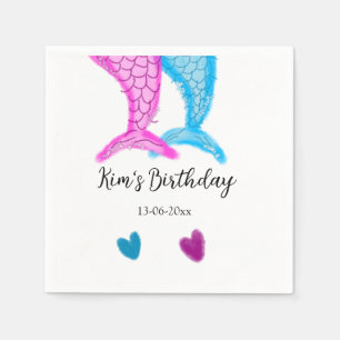 blue pink mermaid watercolor add name birthday napkin