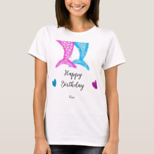 blue pink mermaid watercolor add name birthday T-Shirt