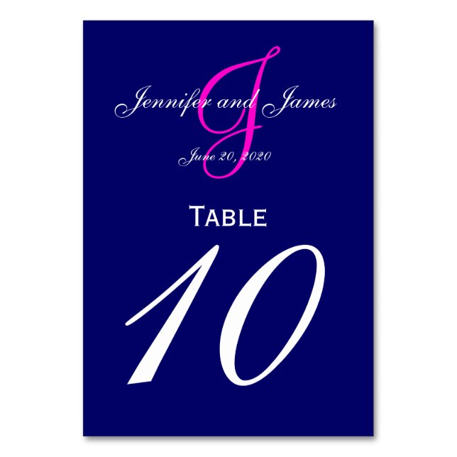 Blue Pink Monogram Wedding Table Number Card (Front)