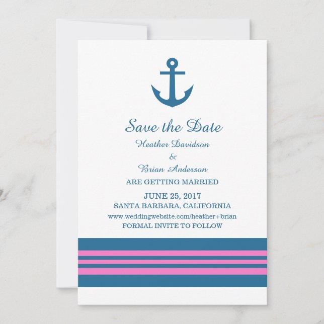 Blue Pink Nautical Anchor Save the Date Invite (Front)