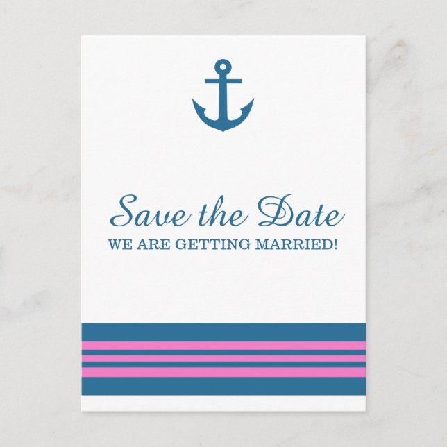 Blue Pink Nautical Anchor Save the Date Postcard (Front)