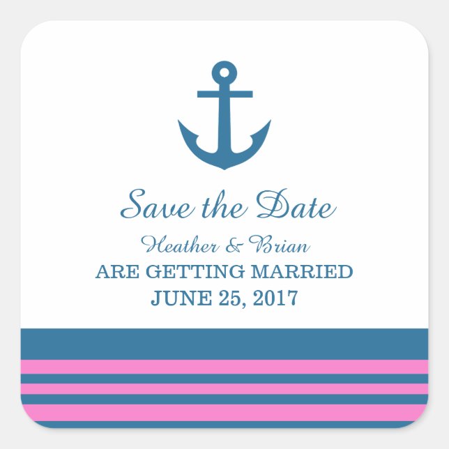 Blue Pink Nautical Anchor Save the Date Stickers (Front)