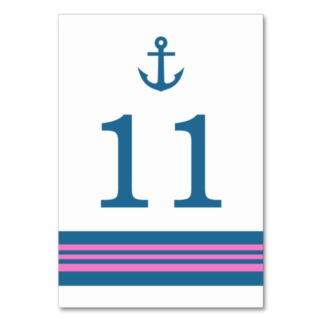 Blue Pink Nautical Anchor Table Card (Front)