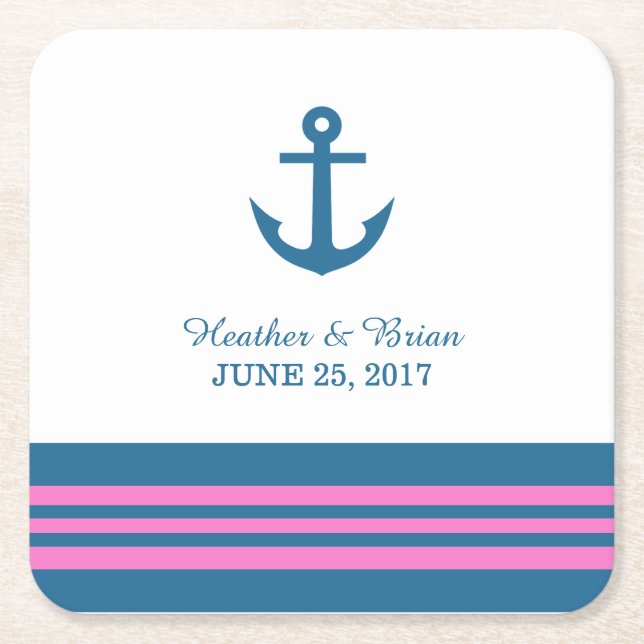 Blue Pink Nautical Anchor Wedding Paper Coasters (Front)