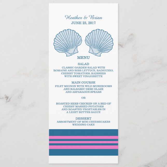 Blue Pink Nautical Seashells Wedding Menu (Front)