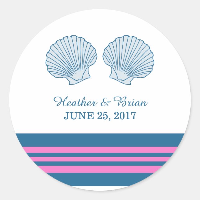 Blue Pink Nautical Seashells Wedding Stickers (Front)
