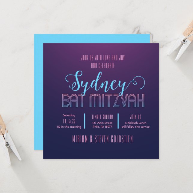 Blue & Pink Neon Bat Bar Mitzvah Party Invitation (Front/Back In Situ)