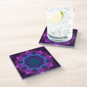 Blue & Pink Neon Dark Kaleidoscope Gradient Glass Coaster