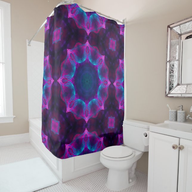 Blue & Pink Neon Dark Kaleidoscope Gradient Shower Curtain (In Situ)