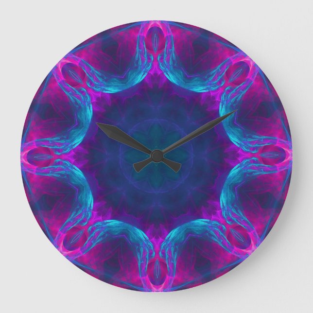 Blue & Pink Neon Dark Kaleidoscope No Numbers Large Clock (Front)