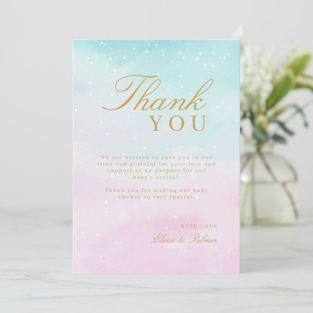 Blue Pink Ombre Gender Reveal Neutral Baby Shower  Thank You Card (Standing Front)
