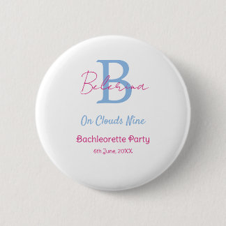 blue pink on clouds nine monogram bachelorette par 6 cm round badge
