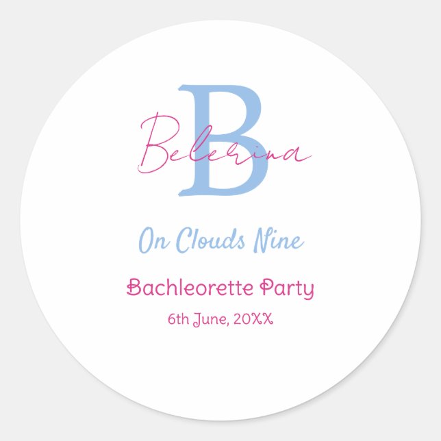 blue pink on clouds nine monogram bachelorette par classic round sticker (Front)