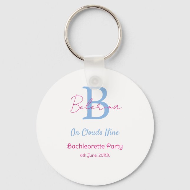 blue pink on clouds nine monogram bachelorette par key ring (Front)