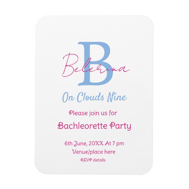 blue pink on clouds nine monogram bachelorette par magnet (Vertical)