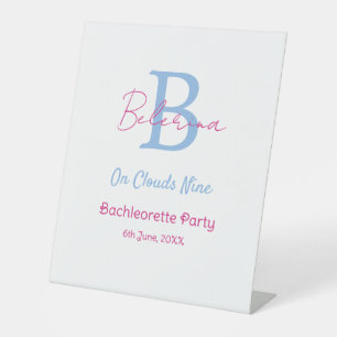 blue pink on clouds nine monogram bachelorette par pedestal sign