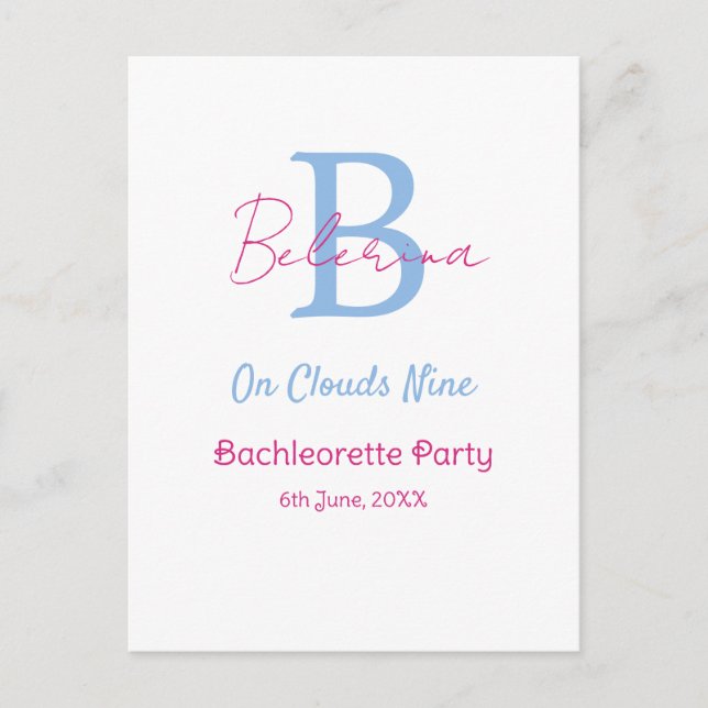 blue pink on clouds nine monogram bachelorette par postcard (Front)