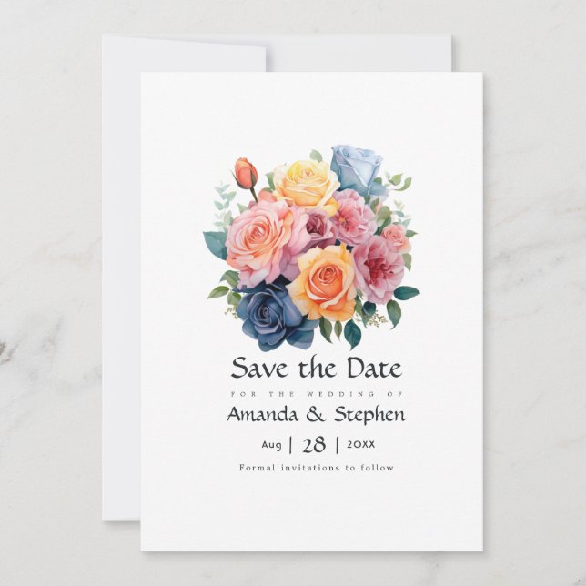 Blue, Pink, Orange, and Green Floral Wedding Save The Date (Front)