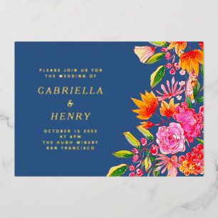 Blue Pink Orange Watercolor Floral Wedding Gold