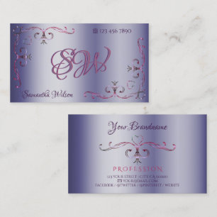 Blue Pink Ornate Corner Border Initials Ornamental Business Card