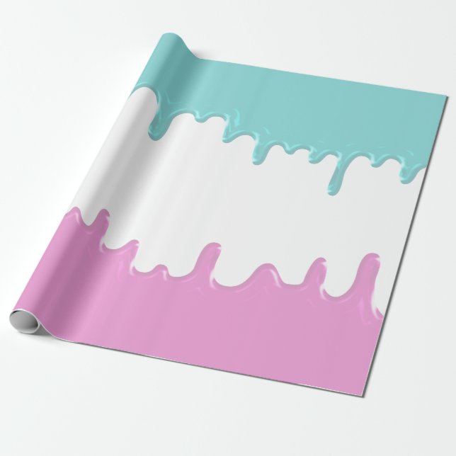 Blue Pink Paint Drips Gender Reveal Party Wrapping Paper (Unrolled)