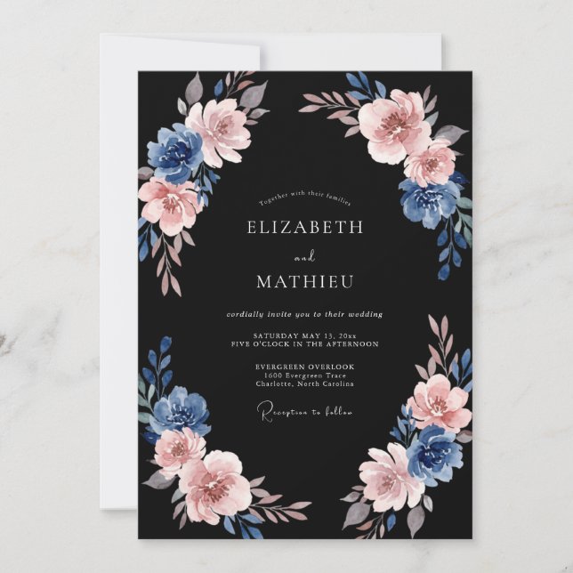 Blue Pink Painterly Flourish Wedding Invitation (Front)