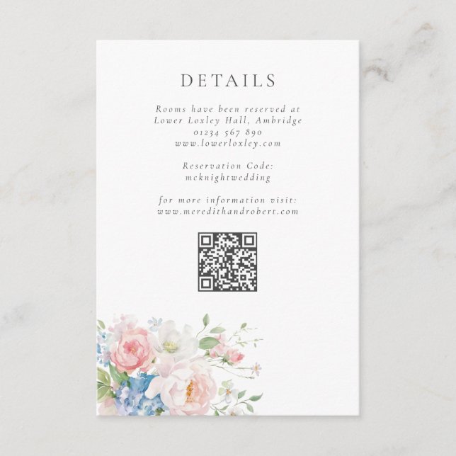 Blue & Pink Pastel Floral QR Wedding Details Enclosure Card (Front)